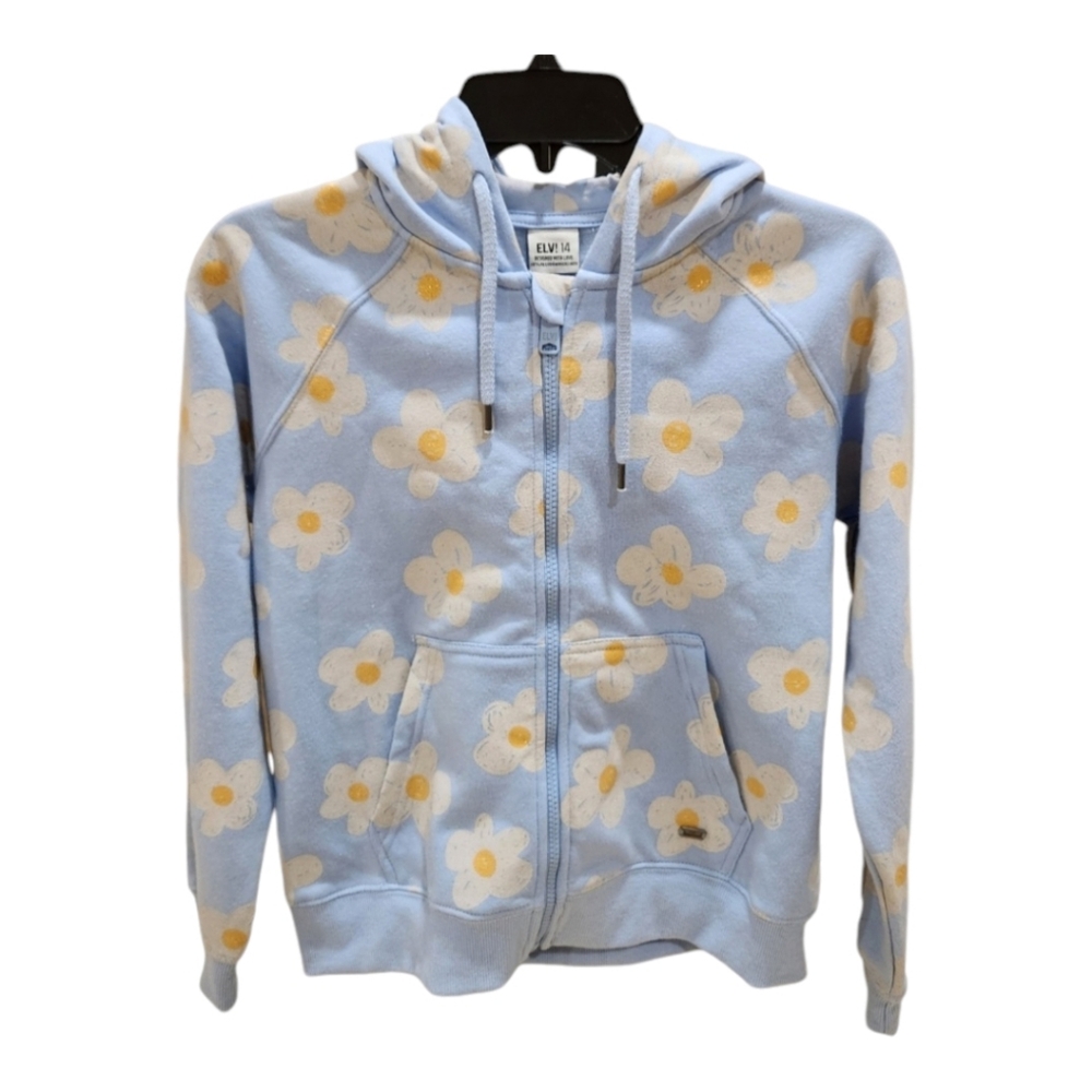 ELVI! Hoodie Daisy Flower Print Zip Up Sweatshirt Pockets Blue Girls Size 14 NEW